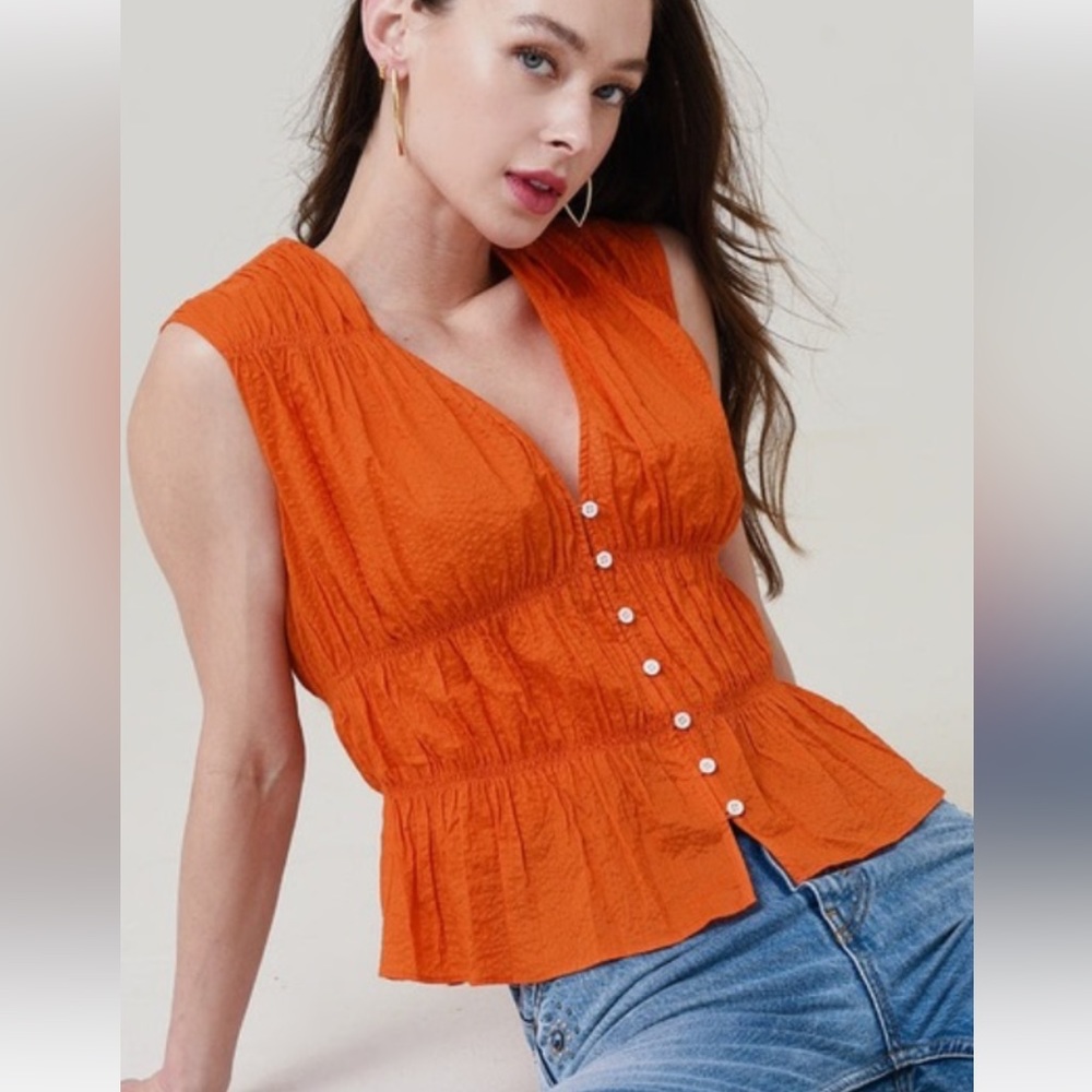 Frame Button Down Orange Crush Ruched Top - Picture 5 of 16